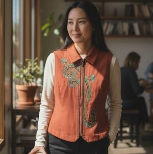 Bob Mackie Wearable Art Vibrant Orange Embroidered Zip Vest.  Size XL